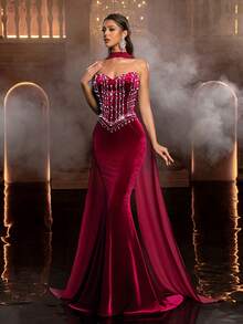 Glamrae Đầm dạ hội sang trọng màu đỏ tía, không dây vai, đính đá lấp lánh thủ công, kiểu đuôi cá (cổ áo voan xếp rời) bằng nhung. - Màu Đỏ Sâu - Xem 8