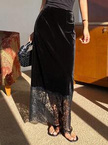 Livesso Women's Velvet & Lace Patchwork Skirt, Autumn/Winter Valentine's Day - Black - View 1