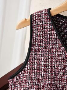 SHEIN 少女千鸟格V领单排扣上衣和短裤时尚假日旅行套装 - 紅色 - 查看 3