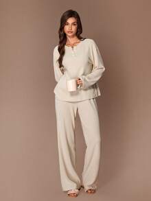 Lazeform Women's Casual Fuzzy Knit Crew Neck Button-Up Long Sleeve Pants Loungewear Set Cozy Sets Women 2 Piece Lounge Sets Woman Lounge Wear Women Set Long Sleeve Lounge Set - Apricot - View 6