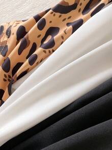 3件套少女圆领短袖修身不对称下摆T恤，黑色、白色、豹纹印花，夏季休闲上衣