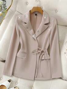 Modelyn Women's Rhinestone Decor Lapel NeckLong Sleeve Side Knot Elegant Blazer - Khaki - View 3