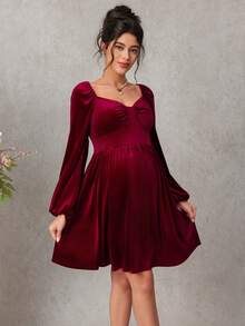 SHEIN Elegant Maternity V-Neck Midi Velvet Dress - Burgundy - View 1