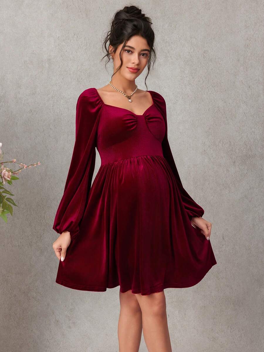 SHEIN Elegant Maternity V-Neck Midi Velvet Dress | SHEIN UK