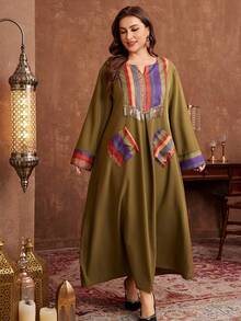 Al Najma Casual Comfortable Print Patchwork Solid Color Long Sleeve Loose Plus Size Women Arabic Maxi Dress, Suitable For All Occasions In Spring And Autumn