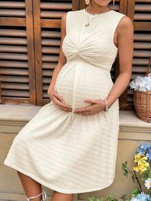 SHEIN Đầm cho bà bầu màu trơn cổ tròn thiết kế xoắn, kiểu dáng thường ngày, thích hợp cho con bú. - Màu be - Xem 8