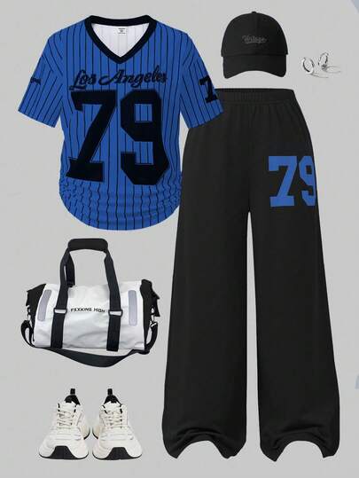 SHEIN ChillGRL 2pcs/Set Casual & Fashionable Teen GirlNumeric Pattern V-Neck Short Sleeve Top And Wide Leg Sports Pants Set