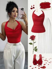 Elenzga Áo kiểu nữ thanh lịch, xếp ly, cổ rủ, thích hợp mặc hàng ngày, dự tiệc, mùa xuân/hè, ngày Valentine, đám cưới, màu đỏ thời trang. - Đỏ - Xem 1