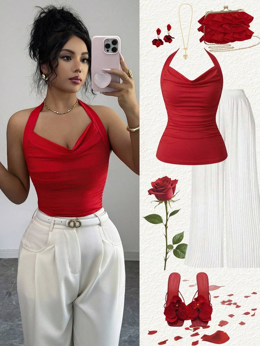 Elenzga Áo kiểu nữ thanh lịch, xếp ly, cổ rủ, thích hợp mặc hàng ngày, dự tiệc, mùa xuân/hè, ngày Valentine, đám cưới, màu đỏ thời trang. - Đỏ - Xem 1