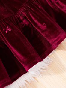 SHEIN Tween Girl' Velvet Dress,Burgundy,Autumn,Elegant,Party Wear With Embroidered Color-Block Collar Applique,Fashionable Holiday Autumn/Winter Clothing - Red - View 7