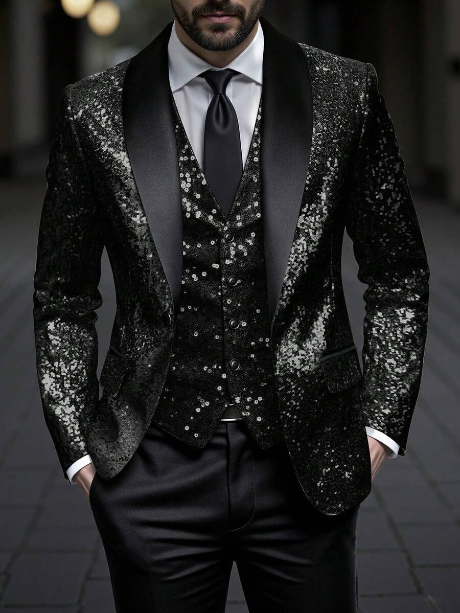 Manfinity AFTRDRK 男士时尚亮片派对西装外套 - 黑色 - 查看 1
