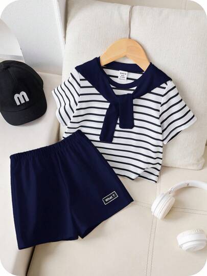 SHEIN 3件套男/女婴夏季可爱条纹短袖上衣、松紧腰短裤、披肩三件套，适合生日派对、晚宴、演出、婚礼、满月、洗礼、一周岁生日庆祝、迎婴派对等场合。