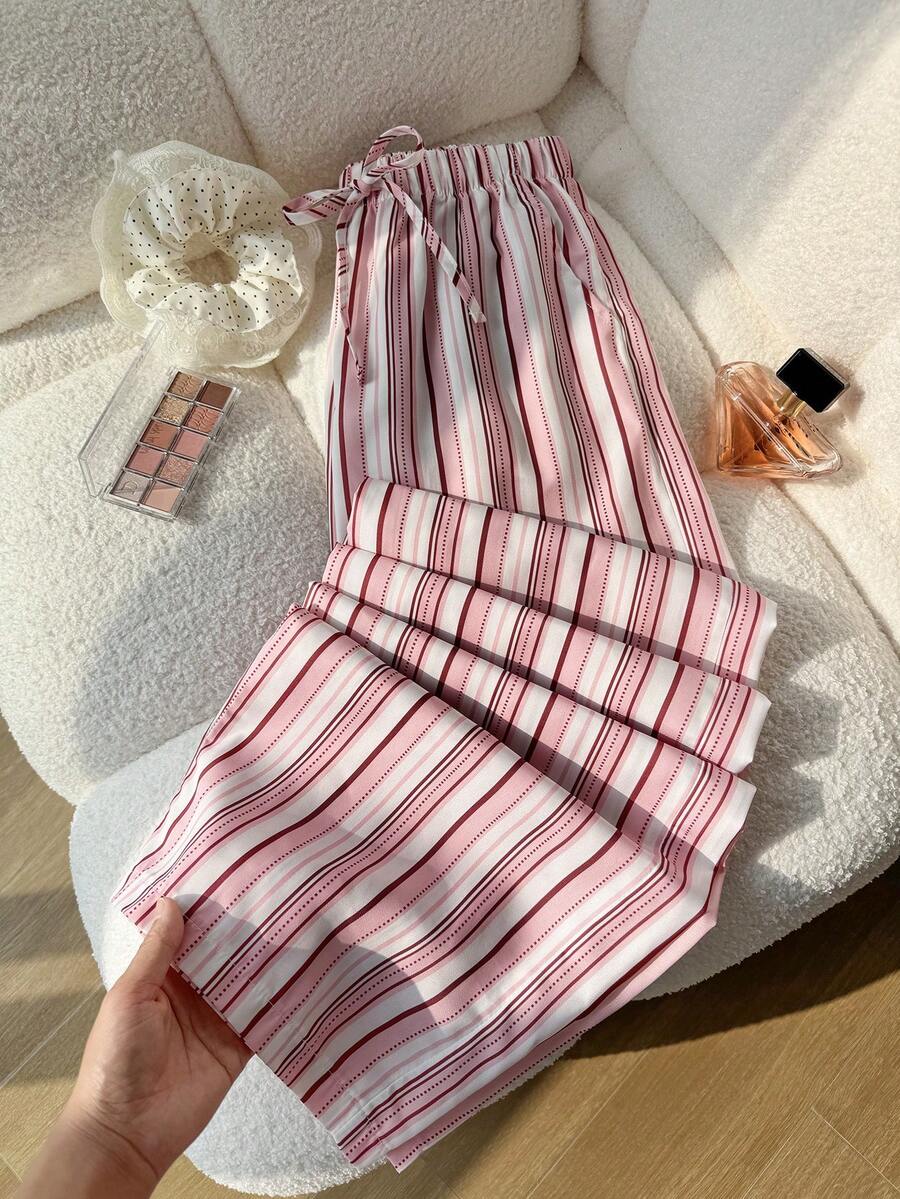 Sparklyn 少女款阔腿休闲裤，粉色条纹，适合日常、户外、度假穿着，可搭配吊带背心、T恤、衬衫。 - 粉色 - 查看 1