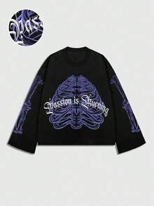 ROMWE MEN Maglietta casual da uomo con stampa di slogan e scheletro, vestibilità ampia, adatta per primavera e autunno - nero - Visualizzare 1