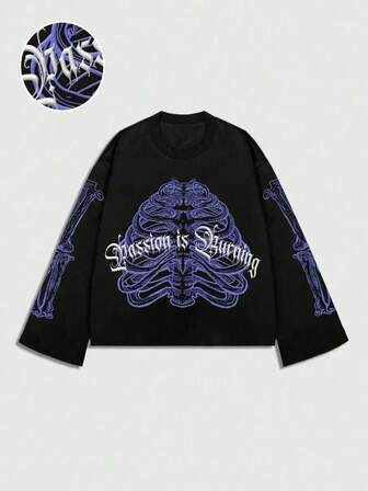 Camiseta de manga larga con estampado de eslogan de esqueleto de corte holgado, de moda casual para hombre, adecuada para primavera y otoño