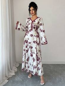 Yasmyna Đầm kiểu Ả Rập cổ chữ V in hoa dành cho nữ, thắt eo. - Nhiều màu - Xem 4