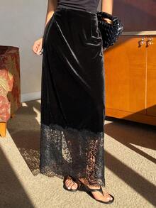 Livesso Women's Velvet & Lace Patchwork Skirt, Autumn/Winter Valentine's Day - Black - View 4