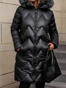 EURMUSE Abrigo largo de invierno con capucha esponjosa, cierre delantero con cremallera y detalles, de unicolor para mujer - Negro - Ver 1