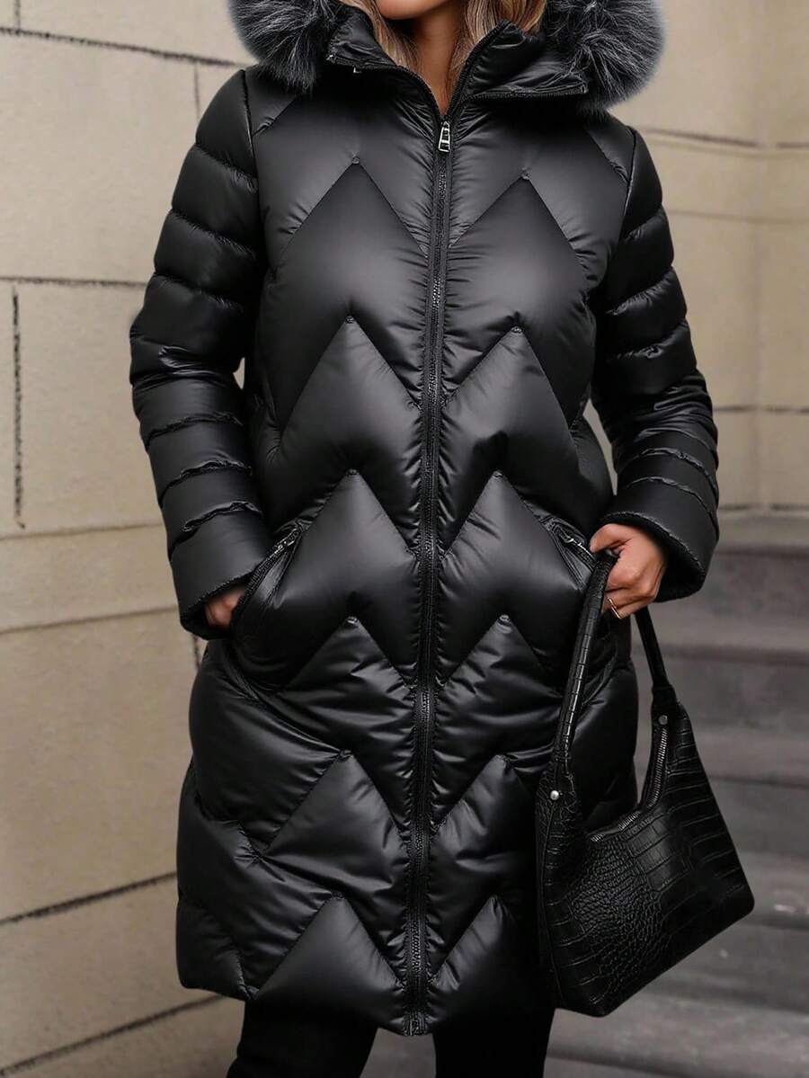 EURMUSE Abrigo largo de invierno con capucha esponjosa, cierre delantero con cremallera y detalles, de unicolor para mujer - Negro - Ver 1