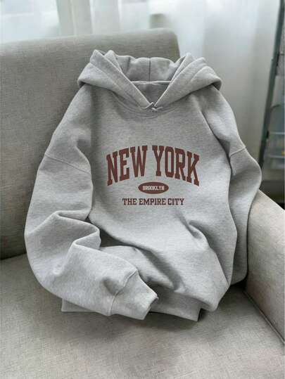 Sudadera con capucha gruesa para mujer,blusa para mujer,sudadera de moda con impresión de letras "Ciudad Imperio de Nueva York",abrigo casual para mujer