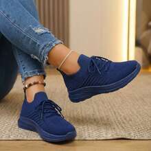 Mujer Zapatillas Deportivas De Tejido De Punto Texturizado Con Cordones Y Suela Gruesa Azul Marino - Azul Marino - Ver 4