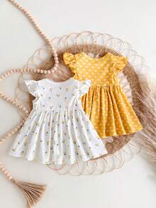 2件套新生女童可爱夏季针织碎花圆点印花短袖连衣裙套装 - 彩色 - 查看 2