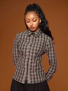 COUREZ Áo sơ mi dài tay thắt eo họa tiết kẻ caro nhỏ/kiểu Y2K mùa xuân, áo đi chơi, áo dự tiệc, áo gợi cảm, áo lễ hội, áo màu nâu thanh lịch, áo dễ thương. - Nhiều màu - Xem 4