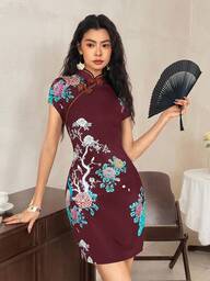 EastFlair Women's Button Decor Floral Print Puff Sleeve Fitted Elegant Mini Dress Chinese Style Dress Asian Dress Cheongsam Dress Asian Inspired Apparel Qipao Dress