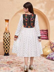 SHEIN Tween Girl Woven Print Patchwork Foil Polka Dot Pullover Dress With Delicate Tassel Mini Crossbody Bag, Suitable For Travel, Vacation, Countryside Style, Casual Resort, Boho, Kids Arabic Dress, Long Dresses For Girls,Kids - Multicolor - View 8