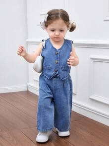 SHEIN HEIN 2pcs Baby Girls Denim Suspender Top & Elastic Waist Pants Set,Kid Girls Casual Vacation Boho Homewear,Graduation /"Party/ Vacation Set,Fall Kid's Casual And Comfortable Wear - Medium Wash - View 6