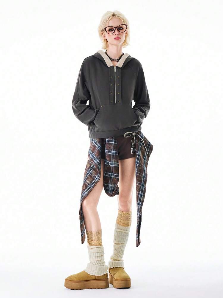 Bloopia 女士Y2K休闲日常通勤时尚哥特风半拉链连帽抓绒卫衣，秋冬款 - 深灰色 - 查看 4