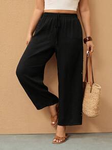 Elaquor Pantalon noir ample et décontracté pour femmes grandes tailles, convient pour les vacances de printemps/été avec découpes - Noir - Voir 5