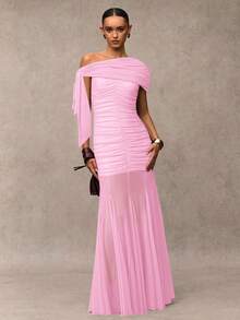 SHEIN BAE Women's Solid Color Off-Shoulder Ruched Tie Design Mesh Patchwork Elegant Cinched Waist Dress For Party - Baby Pink - View 4