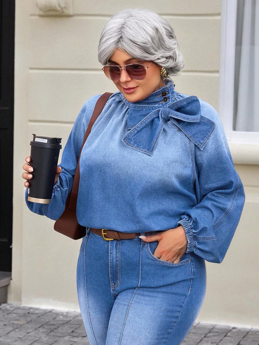 EMERY ROSE Áo sơ mi denim thắt nơ thời trang dành cho nữ cỡ lớn - Rửa nhẹ - Xem 1