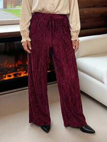 SHEIN LUNE 大码女式红色系带宽松阔腿休闲裤，适合感恩节穿着 - 紅色 - 查看 4