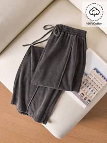 CosyJoli 大码女式针织阔腿裤，黑色休闲女裤，水洗雪花图案裤 - 黑色 - 查看 3