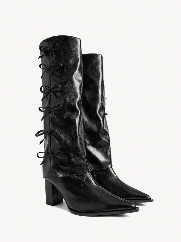 CUCCOO CHICEST Botas de tobillo con tacón grueso y decoración de lazo para mujer, estilo de moda para ir al trabajo