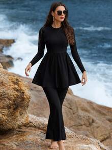 Swim Shayni Women 2-Piece Set High Neck Long Sleeve Ruched Dress Top And Capri Pants, Middle Eastern Beach Cruise Vacation Swimsuit Cover Up - Black - View 1