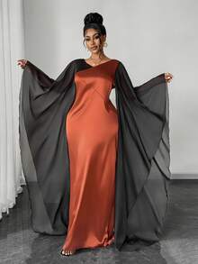 Maweii 大码女式V领网纱拼接优雅荷叶袖收腰派对连衣裙 - 彩色 - 查看 3