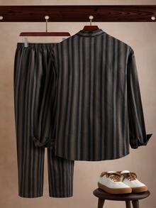 Core Aspect Casual Modern Men's Multicolor Striped Long Sleeve Regular Length Co-Ord Set With Collared Shirt And Pants - Multicolor - View 2