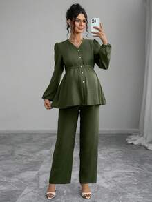 Momance 2pcs Maternity Set: Shirred Long Sleeve Cardigan With Button Front, Waist Pleated Design; Loose Fit Maternity Pants - Green - View 5