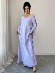 Yasmyna Women's Solid Color Round Neck Hollow Out Long Sleeve Loose Arabic Style Dress Kaftan Jalabiya Dress - Mauve Purple - View 4