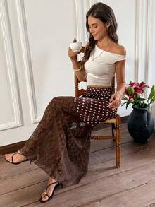 Serisse Women's Elastic Waist Polka Dot Print Contrast Lace Fashionable Skirt Summer Elegant, French-Style Elegant High-Waisted Skirt With Color-Blocked Brown Polka Dots And Lace Trim. Perfect For Dates, Vacations, Or Casual Outings, Polka Dot , Vacations For Women, Beach Skirt, Valentines For Women - Brown - View 6