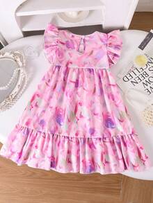 SHEIN Elladie kids 夏季少女休闲碎花荷叶边连衣裙 - 中紫紅色 - 查看 3
