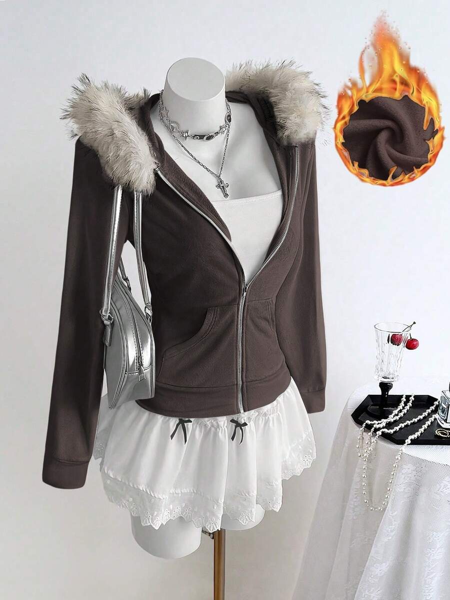 Sweetra Áo khoác nỉ ngắn tay kiểu vintage có khóa kéo dành cho nữ, dáng ôm, màu hồng, thích hợp cho mùa thu/đông. - màu nâu - Xem 1