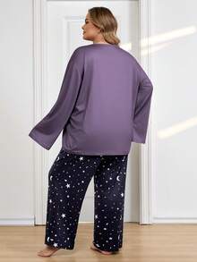 SHEIN CURVE+ 大码女式草莓爱心印花落肩长袖上衣和裤子睡衣套装，情人节休闲装 - 彩色 - 查看 2