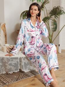 Serenescape 仿丝绸印花翻领开衫和裤子女士睡衣套装 - 彩色 - 查看 4