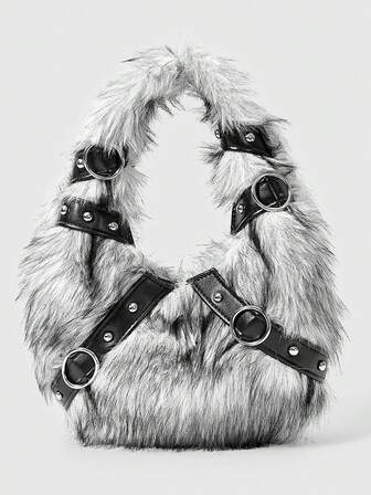 Grunge Punk Ladies,Women Hand Bags,Plush,Plush Bag,Punk Rivet Biker Bags,Gifts For Women,Metal Chain,Fashionable,Personality,Versatile,Shopping,Street,Sweet And Cool Girls,Hot Girls,Y2k,Daily,Autumn And Winter(Random Pattern)