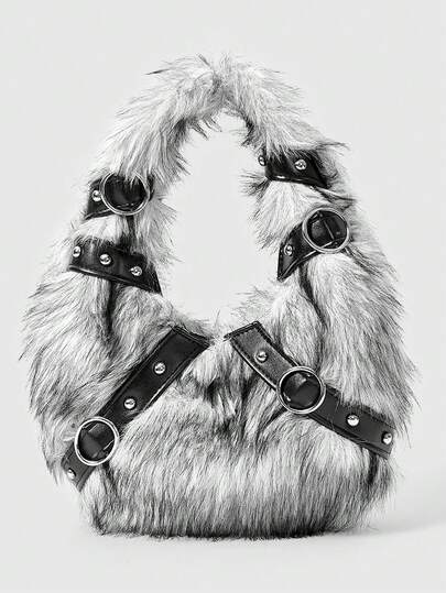 Grunge Punk Borse a mano da donna, in peluche, borse in peluche, borse da motociclista con borchie punk, regali per donne, catena in metallo, alla moda, personalità, versatile, shopping, strada, ragazze dolci e cool, ragazze hot, stile Y2K, uso quotidiano, autunno e inverno (motivo casuale)