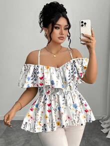 Elenzga Áo cánh chữ A hở vai viền bèo nhún thanh lịch cỡ lớn, mùa xuân/hè - Màu be - Xem 3